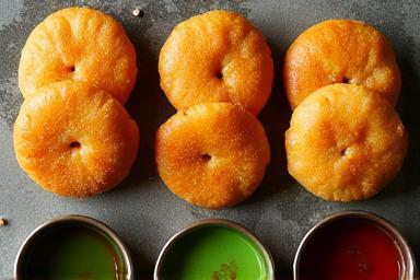 Bowls of Pani Puri with different flavored waters